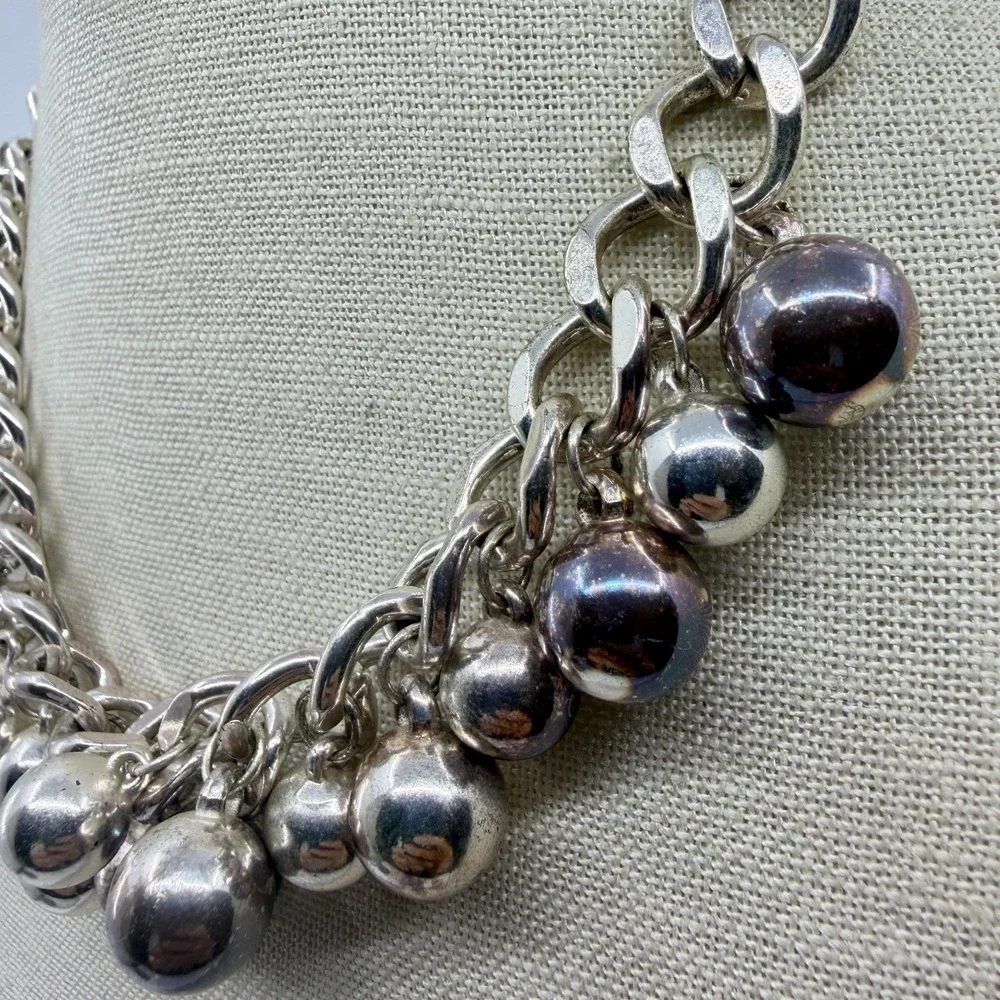 Silver Tone Ball Charm Fringe Chain Necklace Chunky Y2K Statement Jewelry Gift